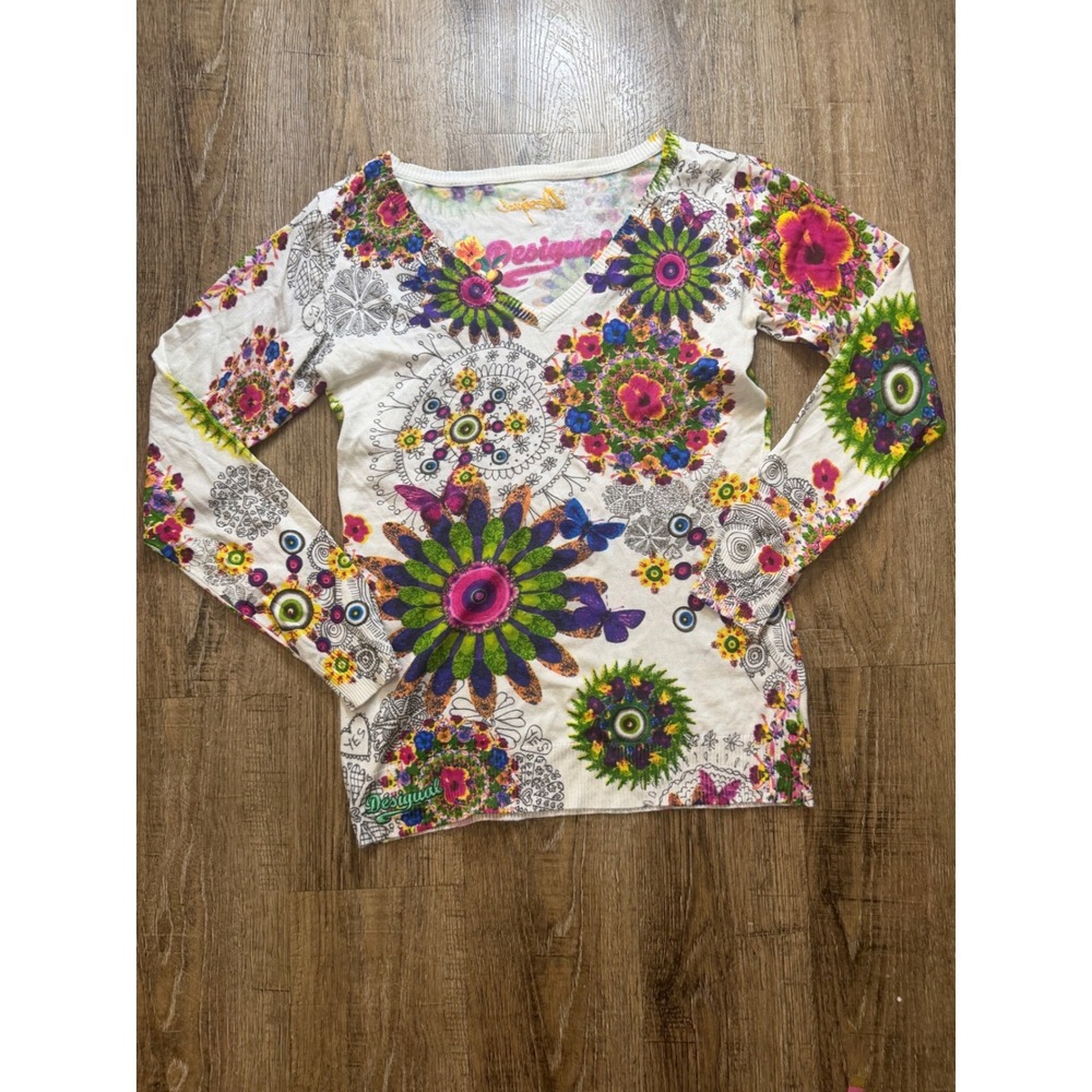 Desigual V-Neck Long Sleeve Top White Mandala Butterfly Floral Print Size M